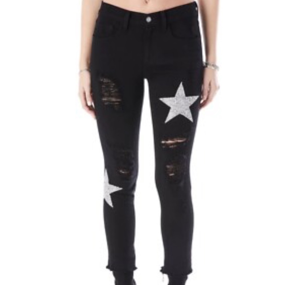Carmar Mia Rhinestone Star Patch Black Distressed Jeans